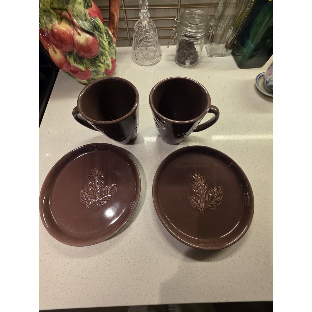 Bee and Willow Hays Leaf Brown Iron 7 In Salad Plate Mugs Set of 2 Each